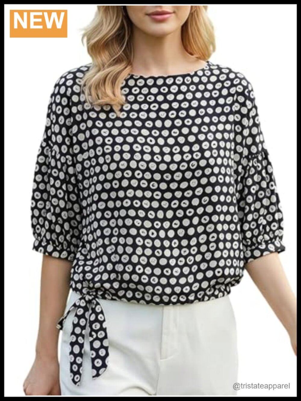 Womens Tie Side Half Sleeve Polka Dot Blouse Round Neck Loose Fit